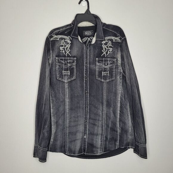Y2k Buckle Black tribal cyber goth Jersey Shore distressed button front large - Picture 1 of 7